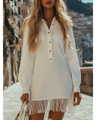 Casual Retro White Chiffon Long Sleeve Shirt Tassel Mini Dress