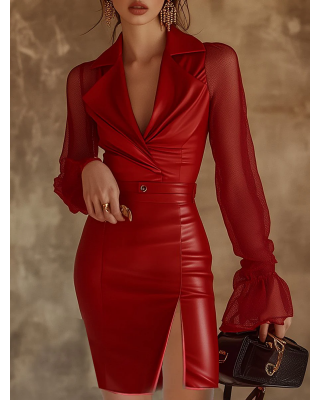 【24-hour shipping out】Bright and Moving transparent Mesh Sleeves Red Leather Slim Mini Dress