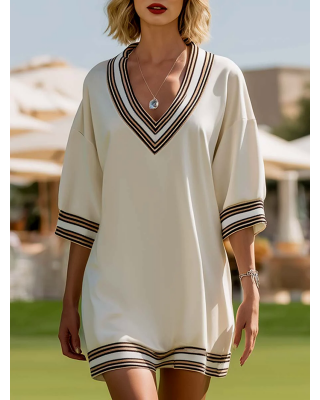 Casual Everyday Ivory Beige Stripe Trim Mid Sleeve Everyday Mini Dress