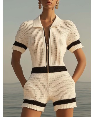 【24-hour shipping out】Breathable Fashion Front Zipper Short Sleeve Knit Shorts Jumpsuit