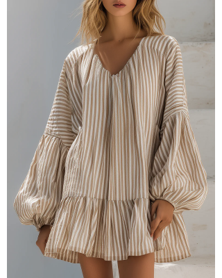 Casual Loose Vacation V-Neck Lantern Sleeve Vertical Striped Mini Dress