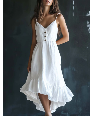 Casual Elegant White Spaghetti Strap Cotton Linen Summer Maxi Dress