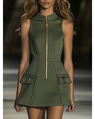 【24-hour shipping out】Casual Fashion Half Zip Cargo Pocket Sleeveless Mini Dress