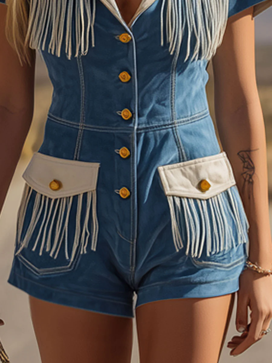 Western Retro Blue And White Suede Pocket Tassel Short Sleeve Shorts Jumpsuit