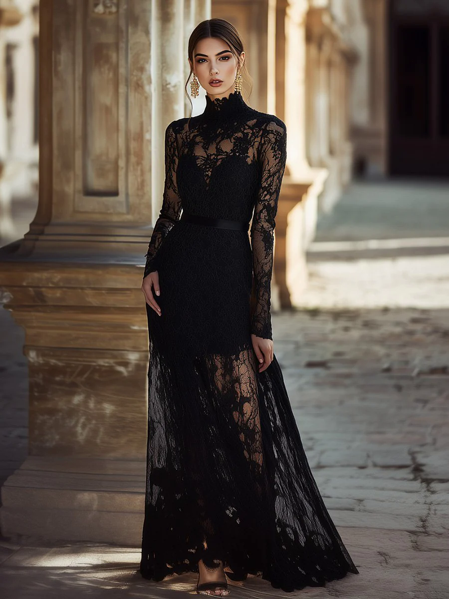 【24-hour shipping out】Elegant Unique Evening Dress High Collar Black Lace Maxi Dress