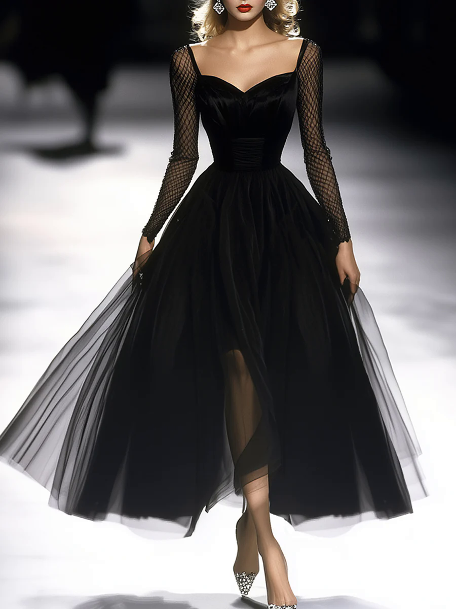 【24-hour shipping out】Retro Classic French Black Gauze Maxi Dress