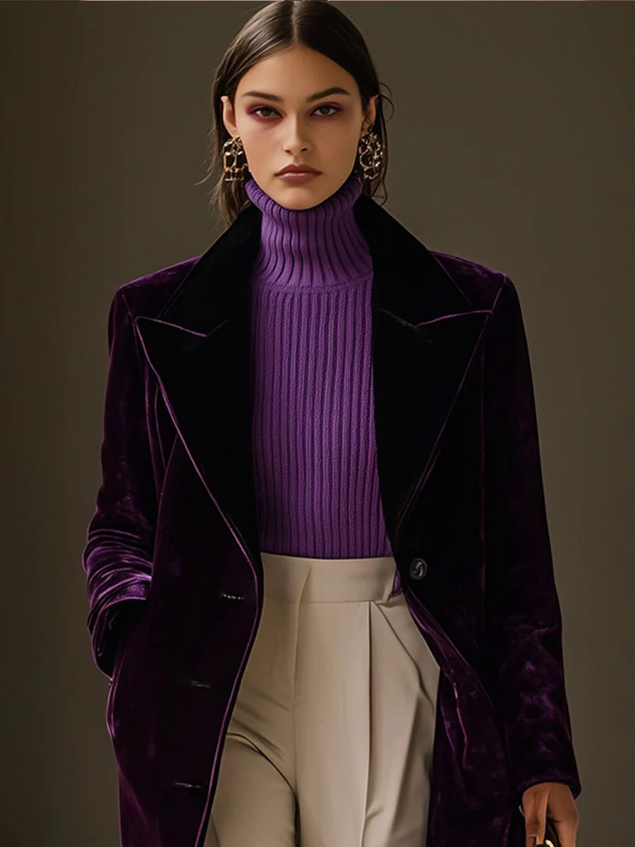 【24-hour shipping out】Casual Loose Retro Velvet Lapel Single-Breasted Mid-Length Coat