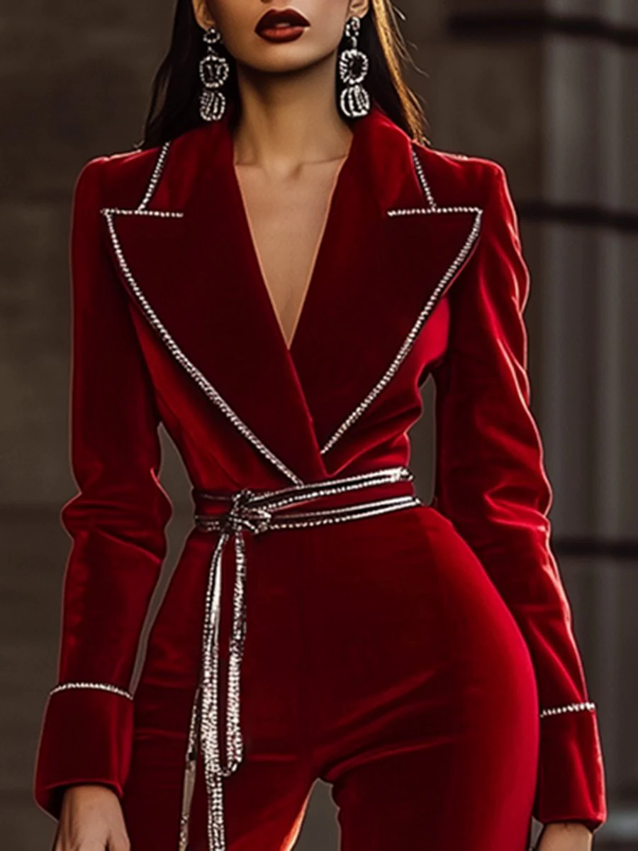 【24-hour shipping out】High-End And Fashionable Red Velvet Jumpsuit With Silver Trim