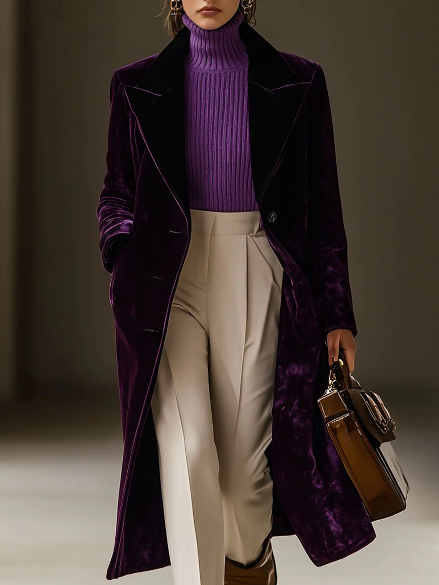 【24-hour shipping out】Casual Loose Retro Velvet Lapel Single-Breasted Mid-Length Coat