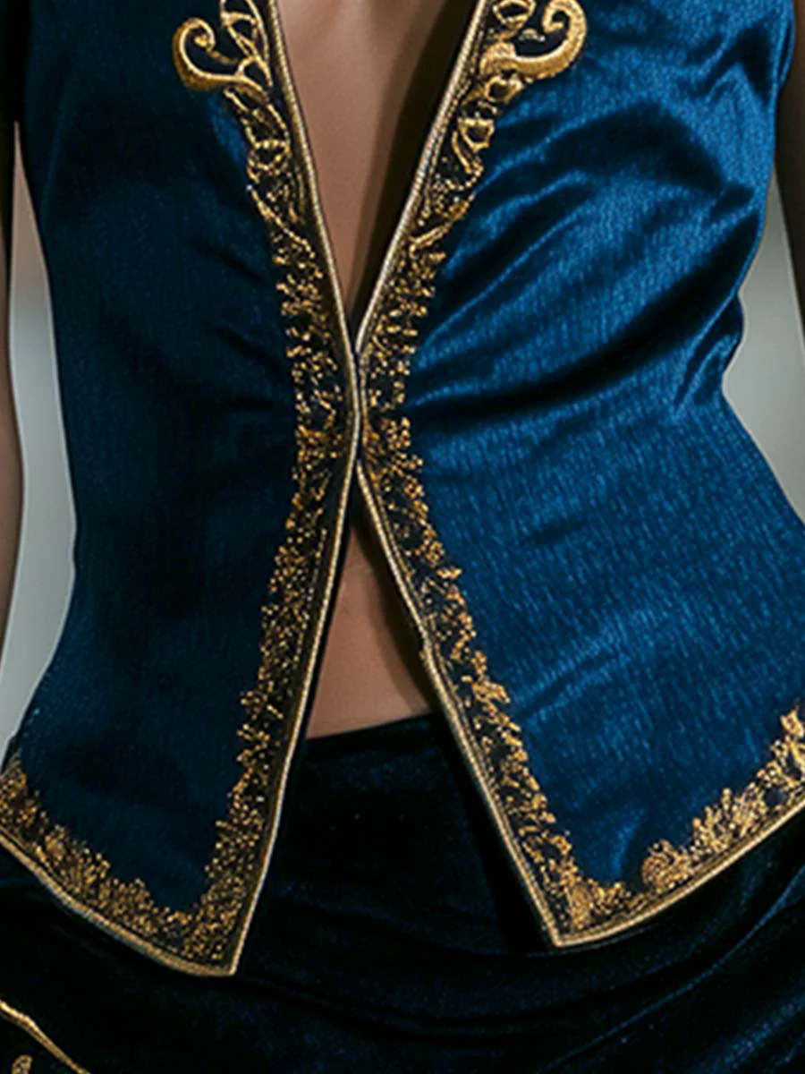 Retro Adventure Pirate Aesthetic Dark Blue Satin Embroidered Vest