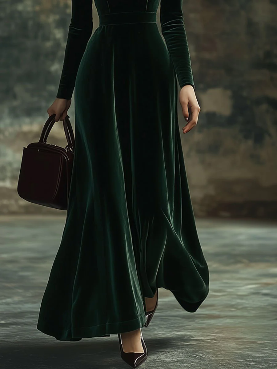 【24-hour shipping out】Fashion Party Solid Color Velvet Stand Collar Bowknot Long Sleeve Maxi Dress
