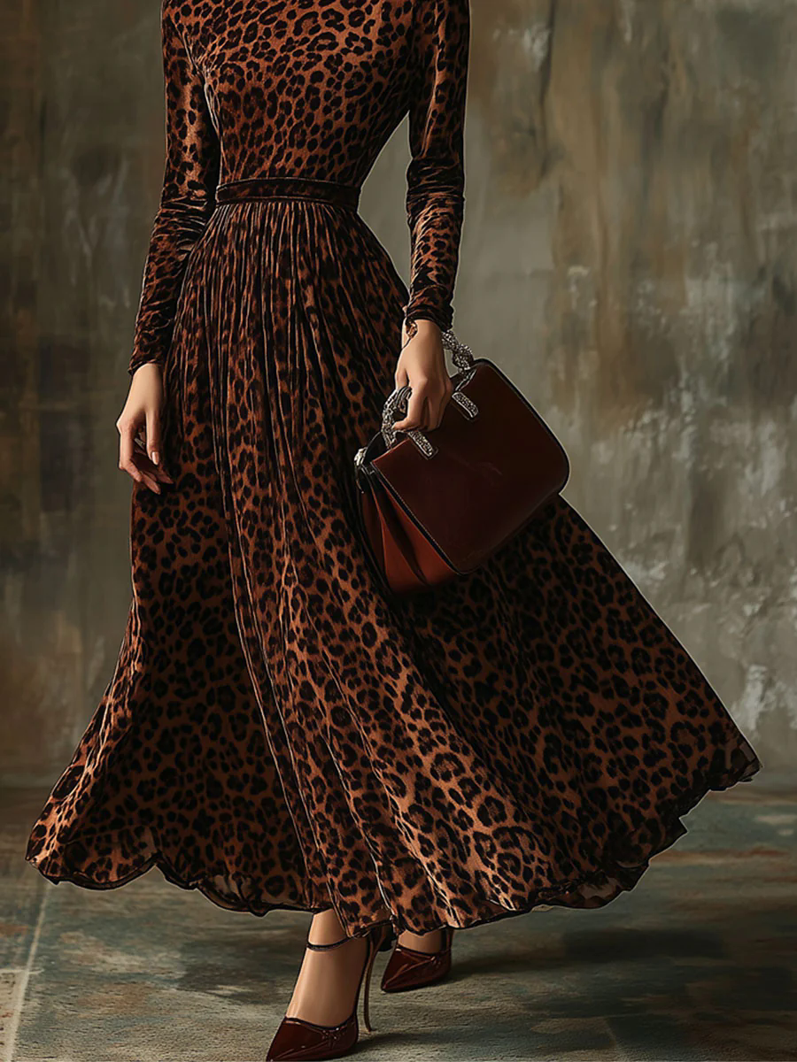 【24-hour shipping out】Casual Vintage Velvet Leopard Print Round Neck Maxi Dress