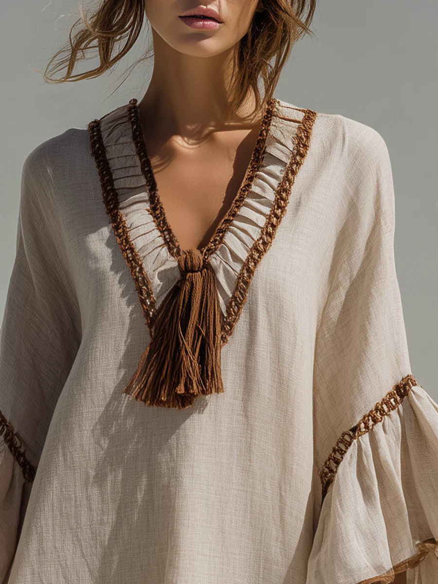 Lightweight Breathable Cotton And Linen Ruffled Long Sleeve V-neck Holiday Mini Dress