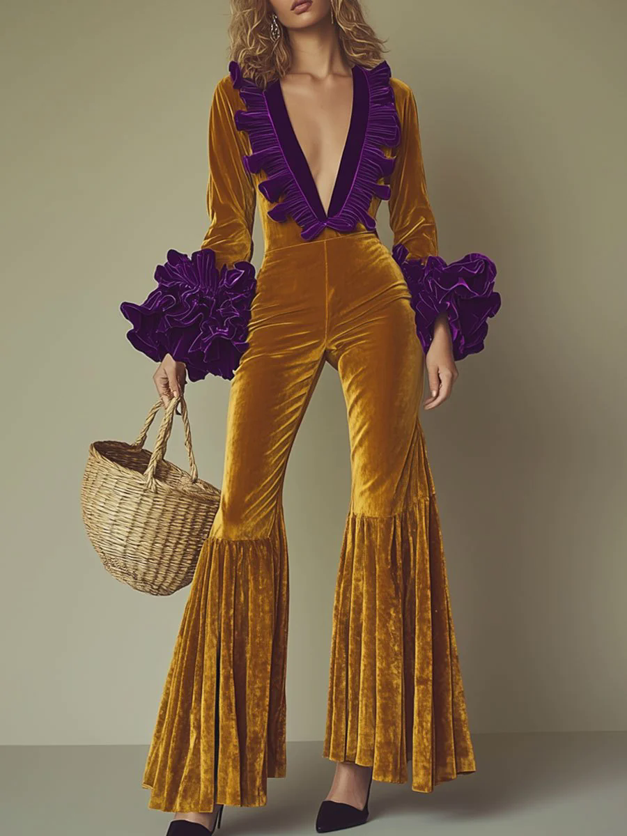 【24-hour shipping out】Fashion Party Purple Ruffle Long Sleeve Flared Gold Velvet Jumpsuit