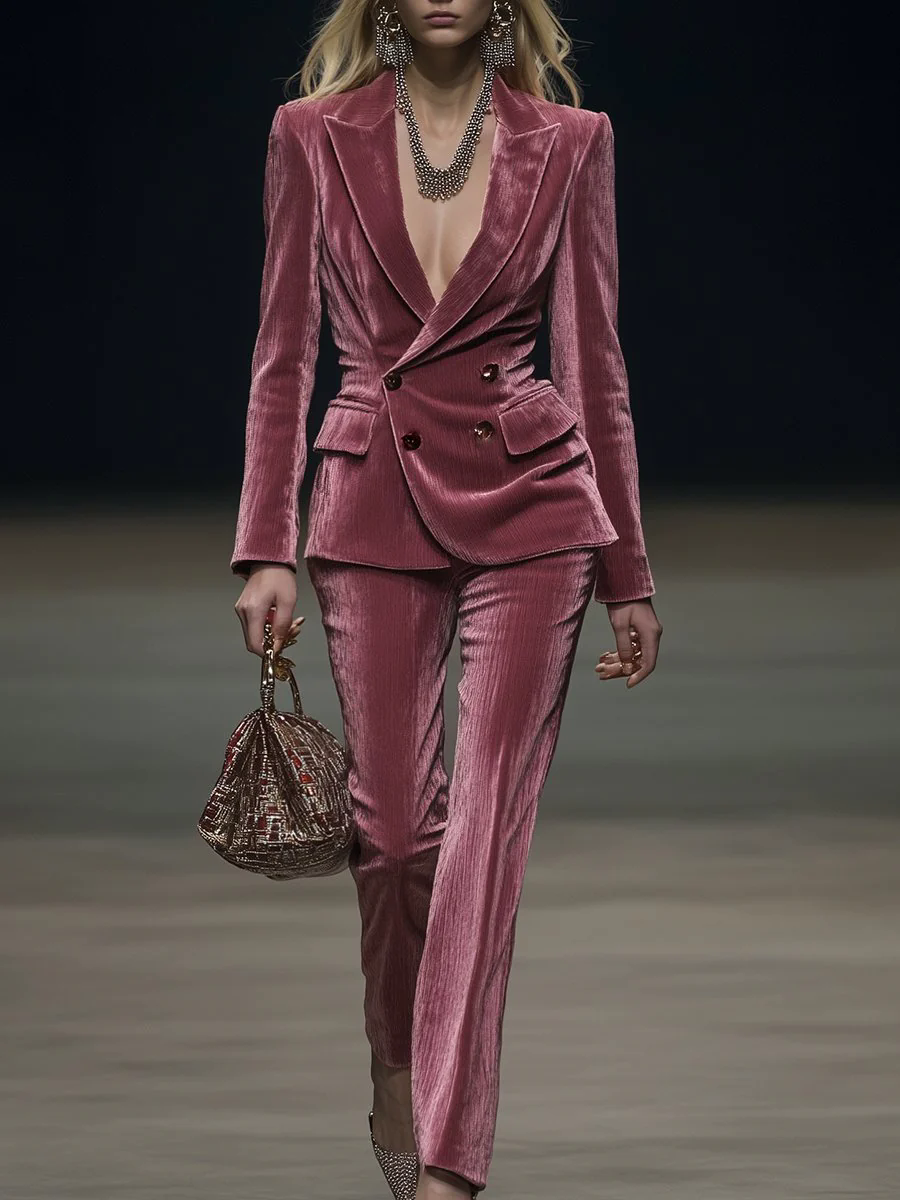 【24-hour shipping out】Vintage Elegant Rose Pink Velvet Suit