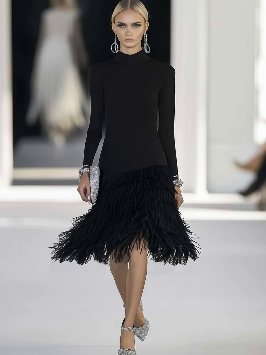 【24-hour shipping out】Elegant and Fashionable Half-high Collar Feather Hem Stitching Black Midi Dress