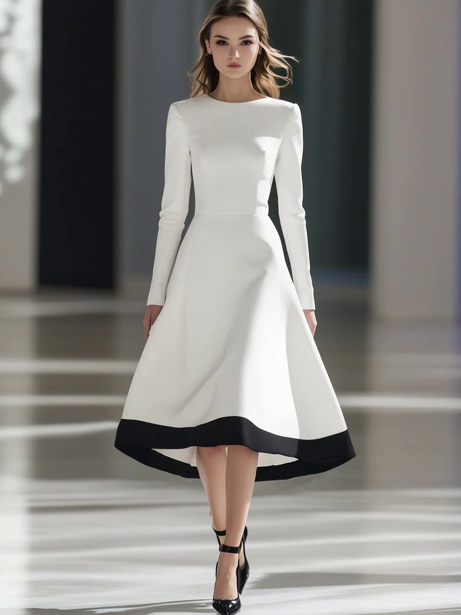 【24-hour shipping out】French Elegant Temperament Simple A-Line Black And White Contrast Midi Dress