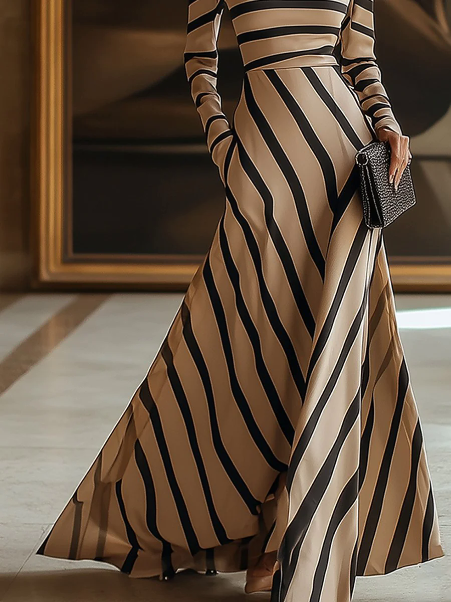 【24-hour shipping out】Fashion Slim Striped Khaki Long Sleeve Maxi Dress