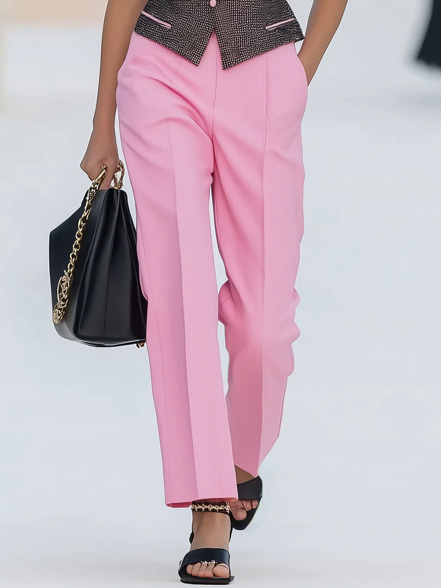 Elegant Grey Vest And Pink Wide-leg Pants Two-piece Set