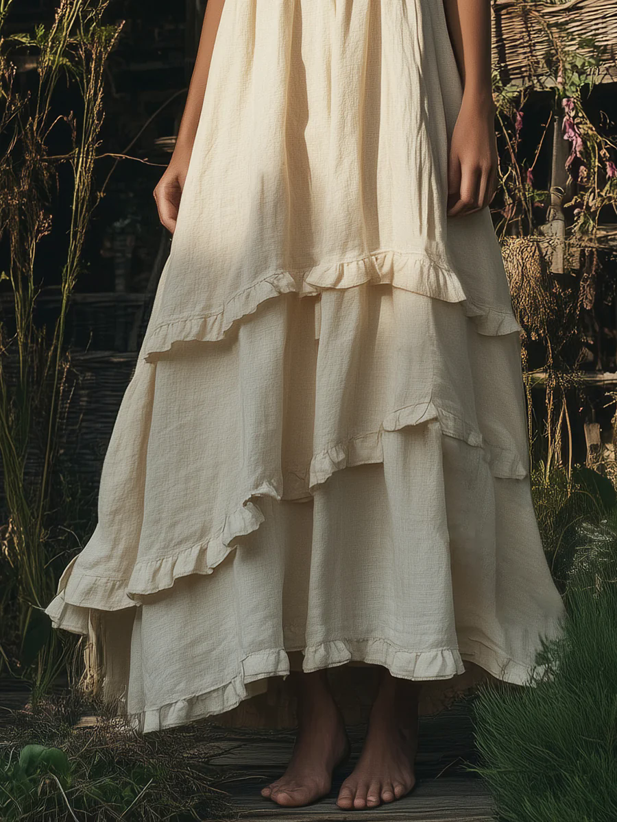 Elegant Loose Ruffled Hem Beige Sleeveless Cotton And Linen Maxi Dress