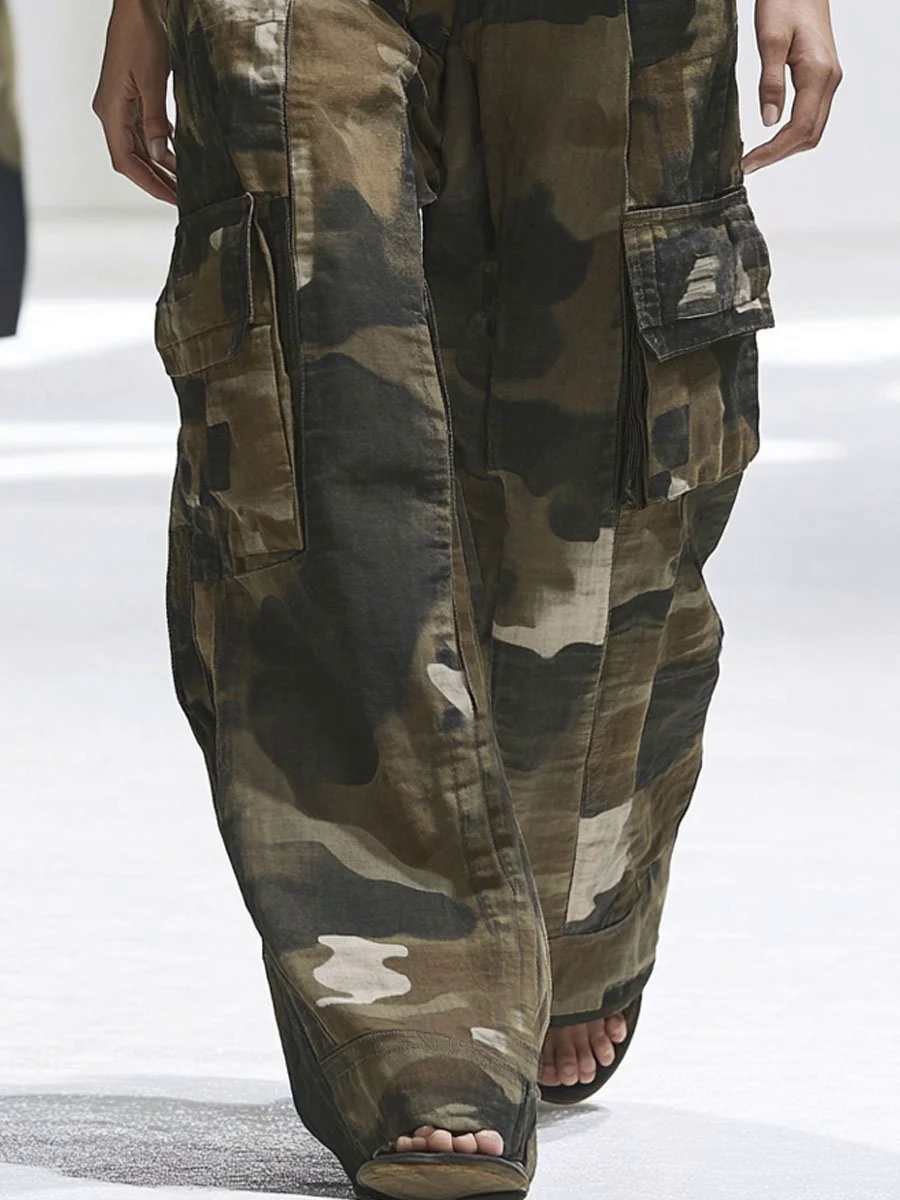 【24-hour shipping out】Casual Multi-Pocket Camouflage Cargo Wide-Leg Cotton Pants