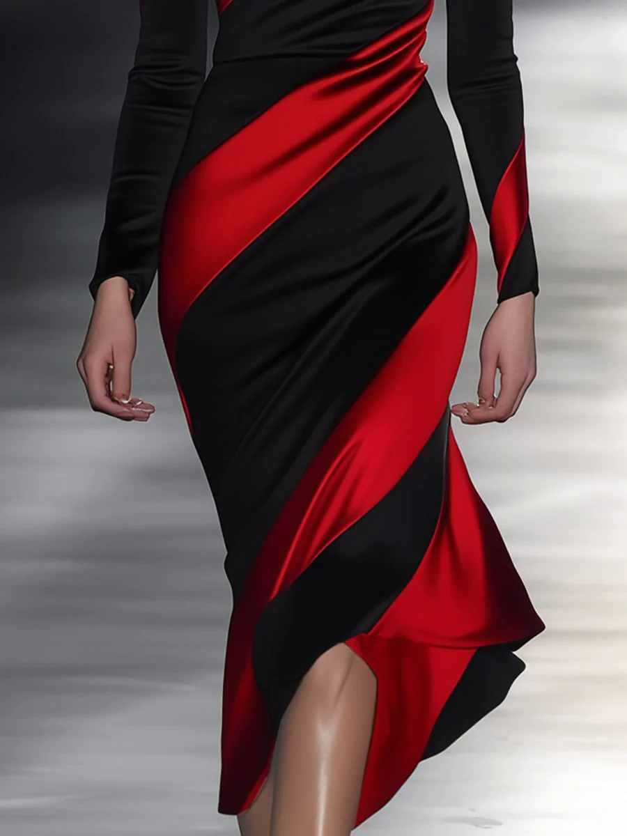 【24-hour shipping out】Elegant and Personalized Off-shoulder Black and Red Oblique Contrast Midi Dress