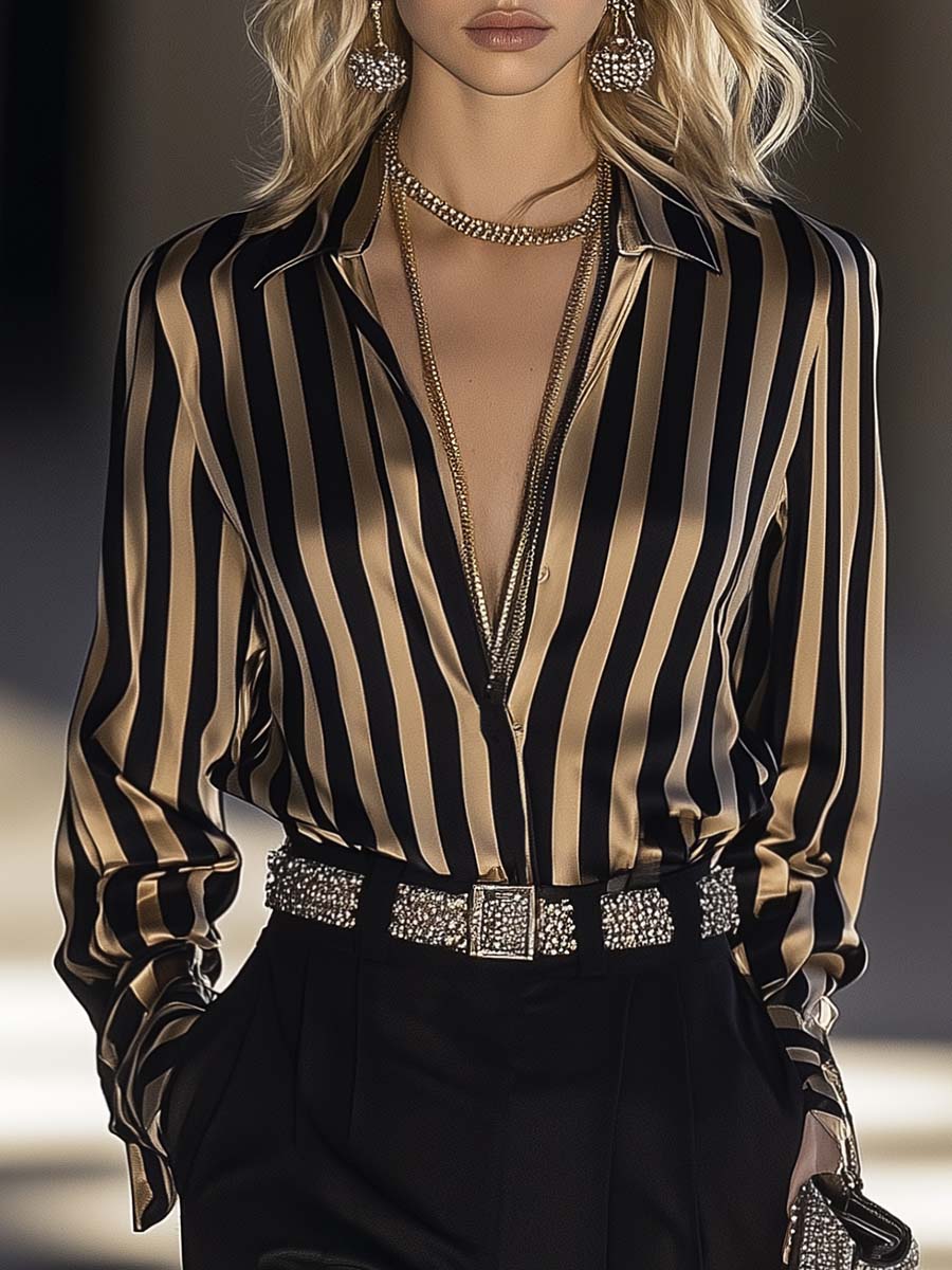 【24-hour shipping out】Simple and Fashionable V-neck Black and Gold Striped Printed Satin Blouse