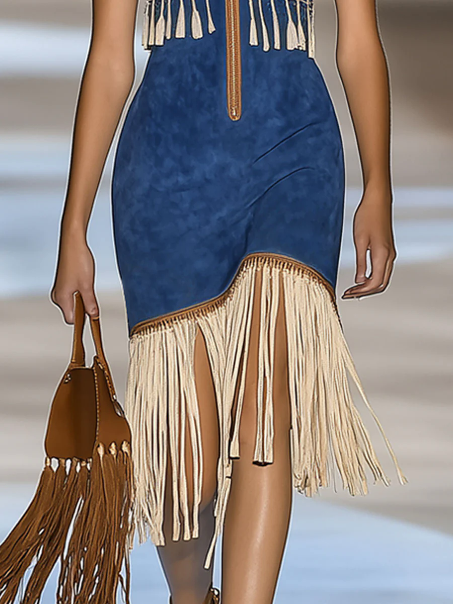 【24-hour shipping out】Vintage Bohemian Suede Embroidered Zipper Tassel Sleeveless Mini Dress