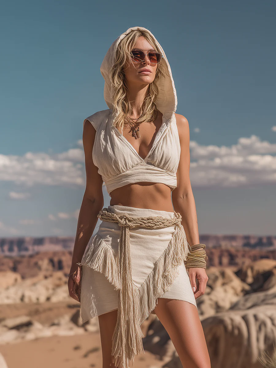 Retro And Fashionable Wasteland Style Hooded Top Tassel Skirt Beige Cotton And Linen Suit