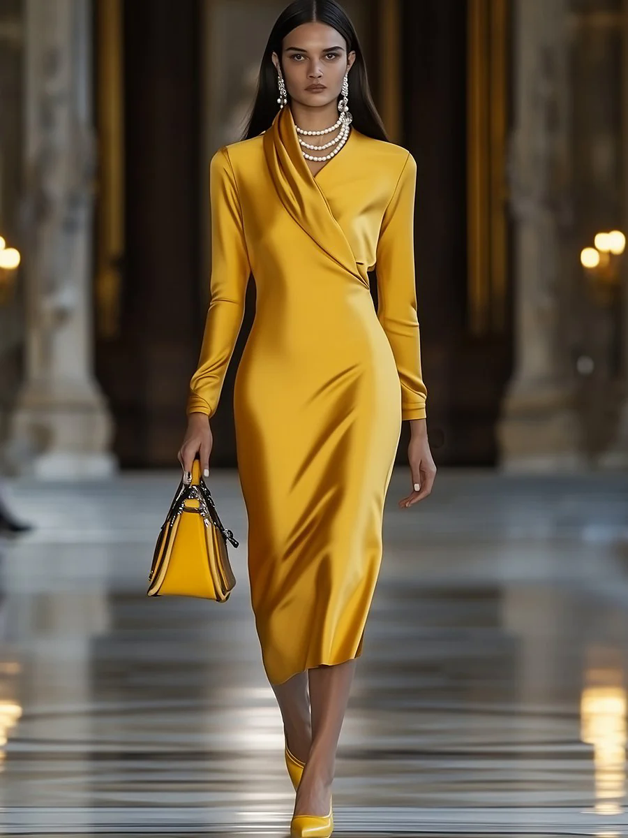 【24-hour shipping out】Fashion Vintage Gold Satin Long Sleeve Midi Dress