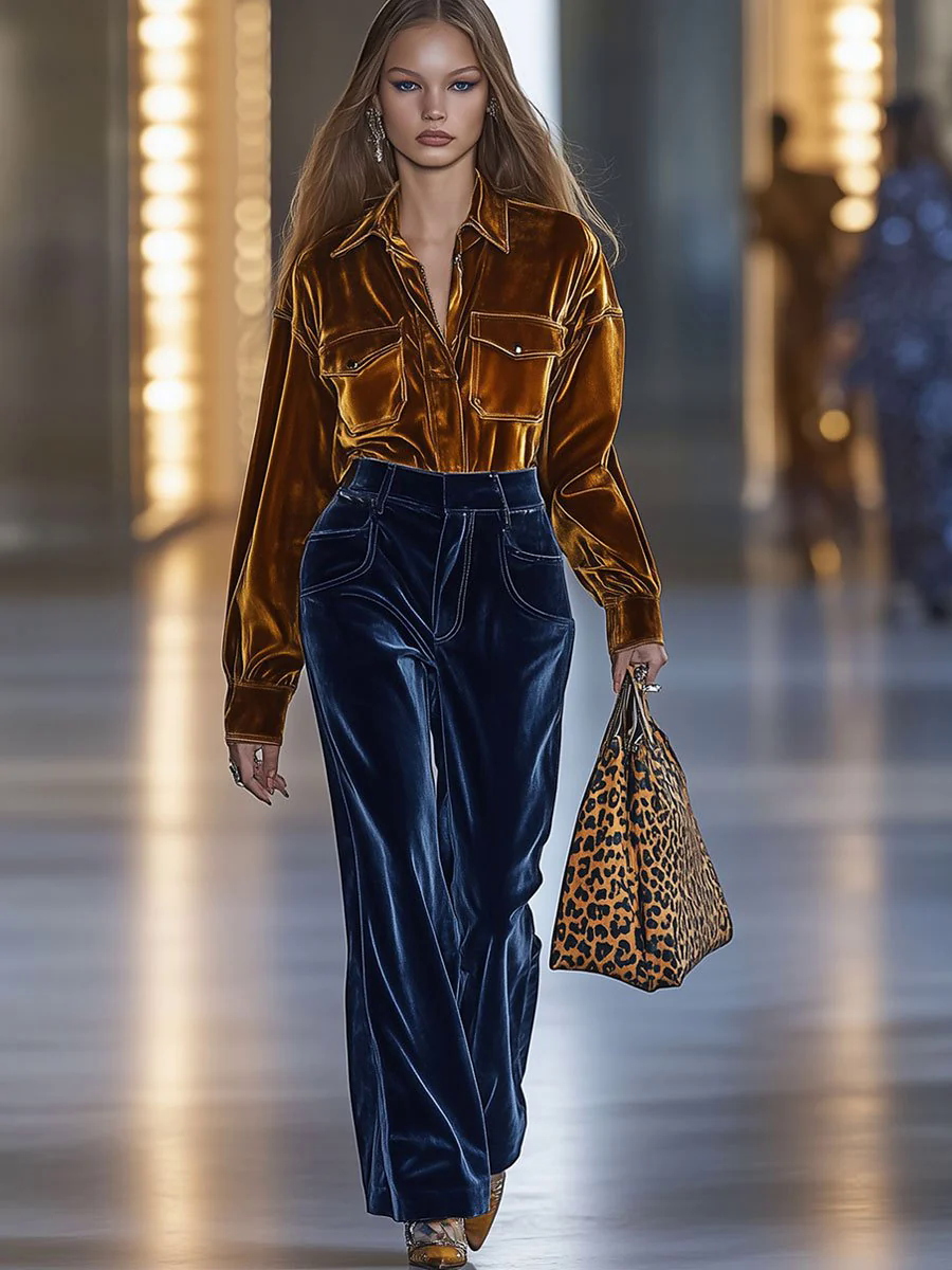 【24-hour shipping out】Casual Loose Retro Pocket Solid Velvet Long Sleeve Blouse