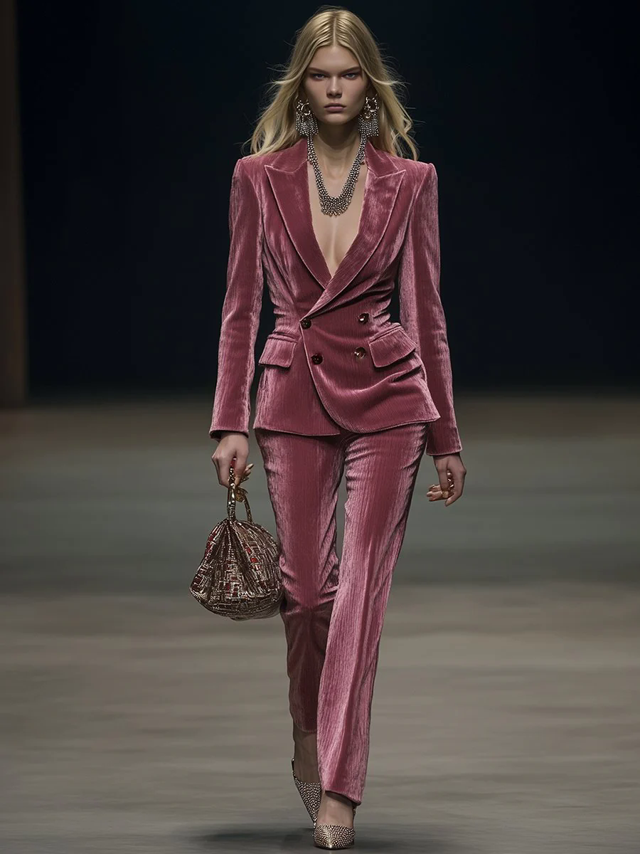 【24-hour shipping out】Vintage Elegant Rose Pink Velvet Suit