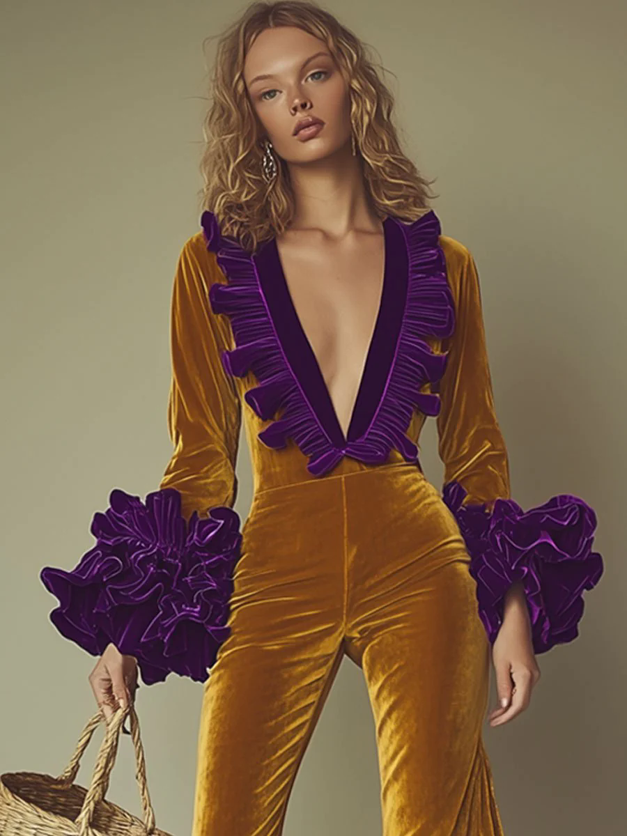 【24-hour shipping out】Fashion Party Purple Ruffle Long Sleeve Flared Gold Velvet Jumpsuit