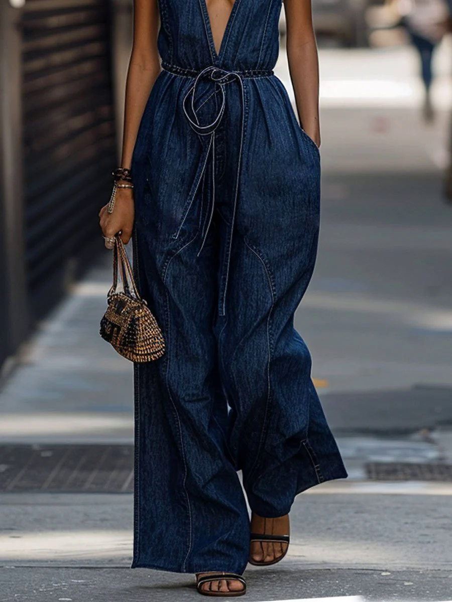【24-hour shipping out】V-Neck Retro Casual Elastic Waist Sleeveless Wide-Leg Denim Jumpsuit