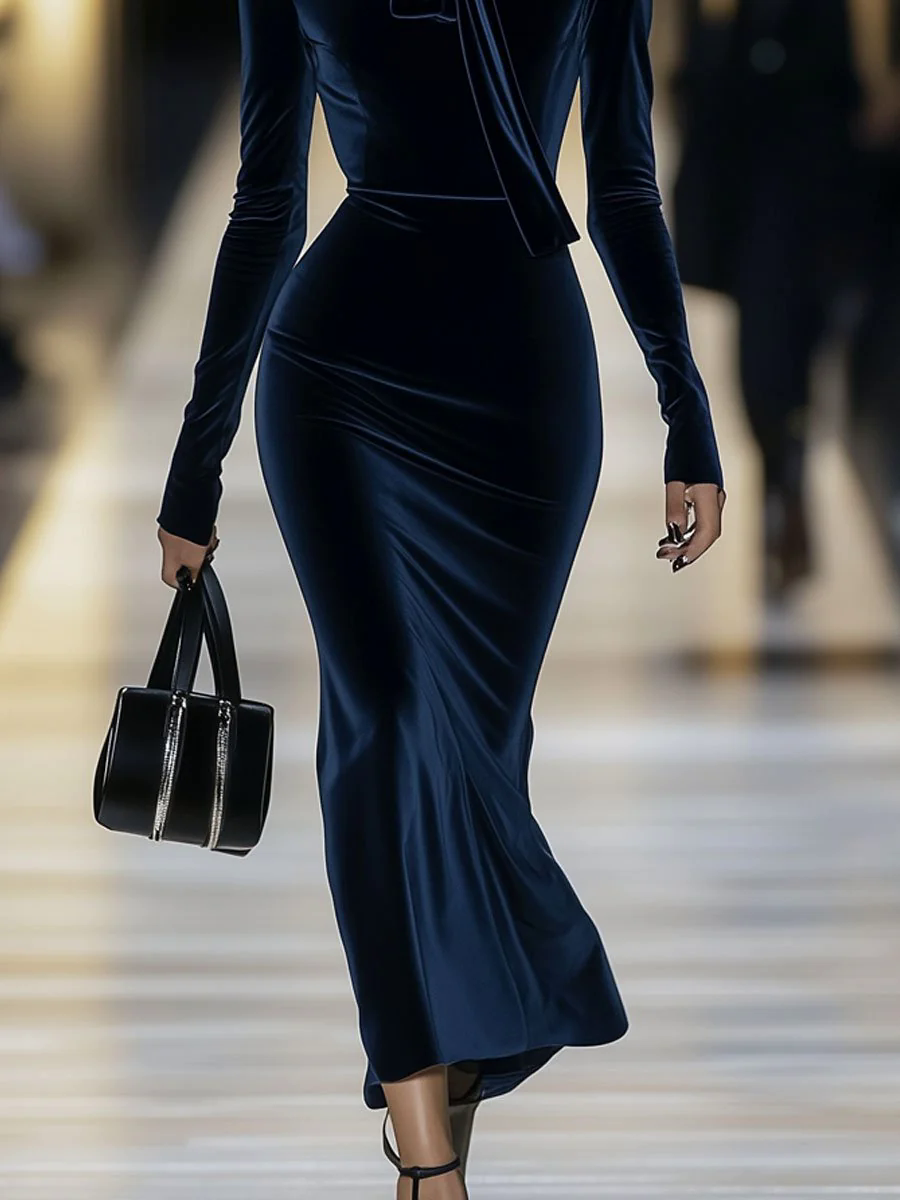【24-hour shipping out】Fashion Retro Dark Blue Velvet Collar Tie Fishtail Long Sleeve Midi Dress