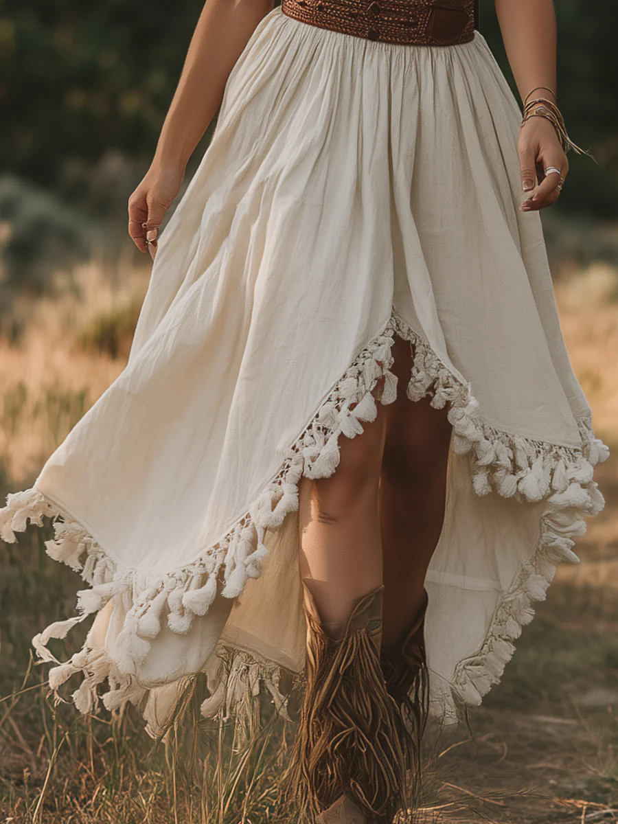 Retro Bohemian Off-the-shoulder Irregular Tassel Hem Beige Cotton And Linen Midi Dress