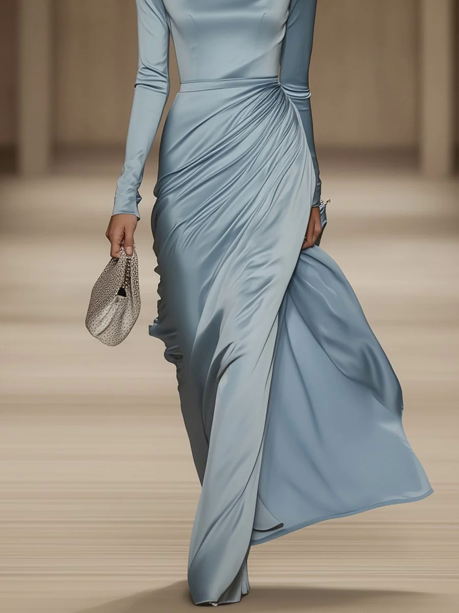 【24-hour shipping out】Elegant and Gentle Round Neck Blue Satin Long Sleeve Maxi Dress