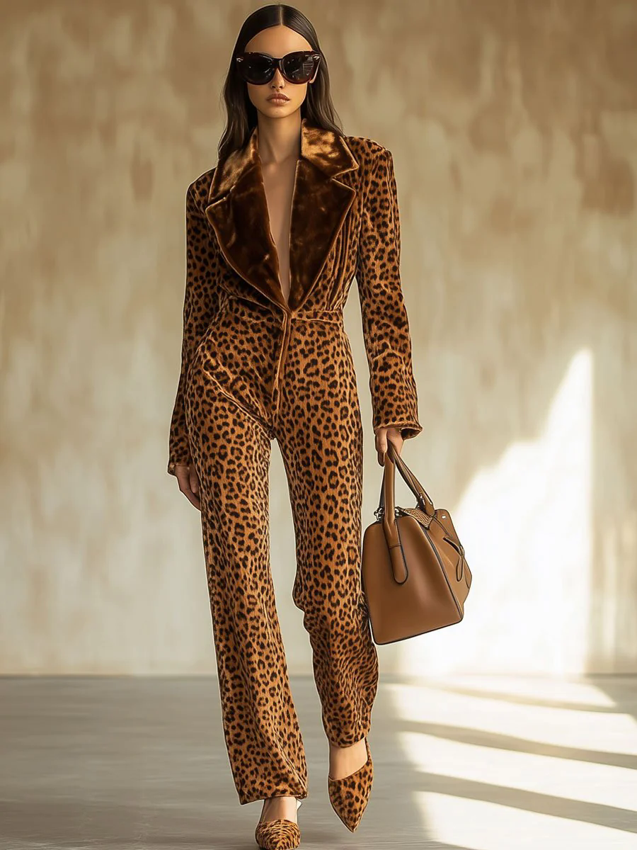 【24-hour shipping out】Casual Loose Retro Velvet Leopard Print Colorblock Lapel Long Sleeve Jumpsuit