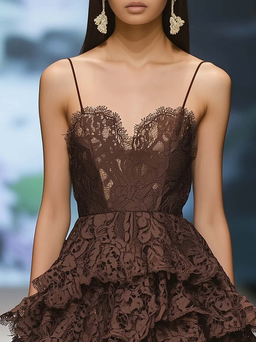 Elegant Vintage Dark Brown Lace Suspender Ruffle Mini Dress