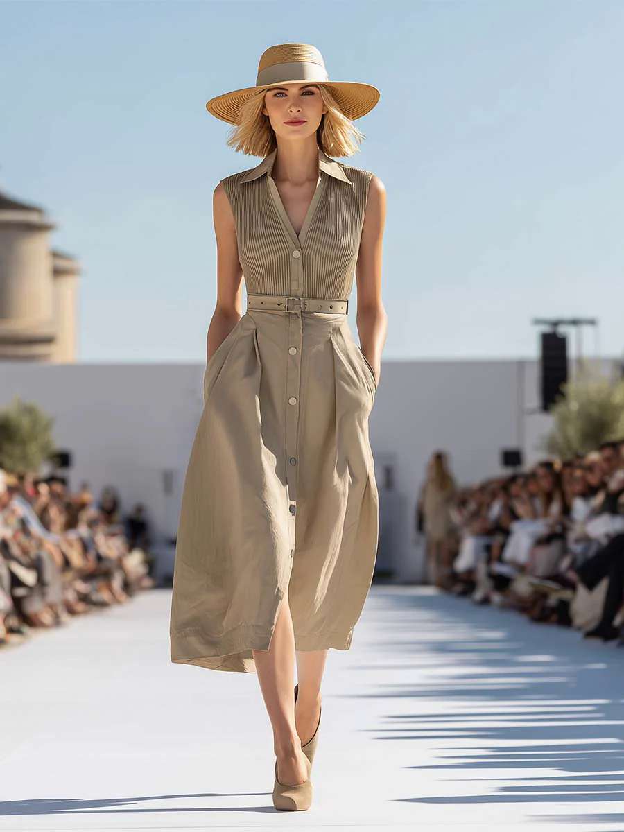 Elegant Professional Khaki Ultra-thin Knitted Patchwork Cotton Maxi Dress