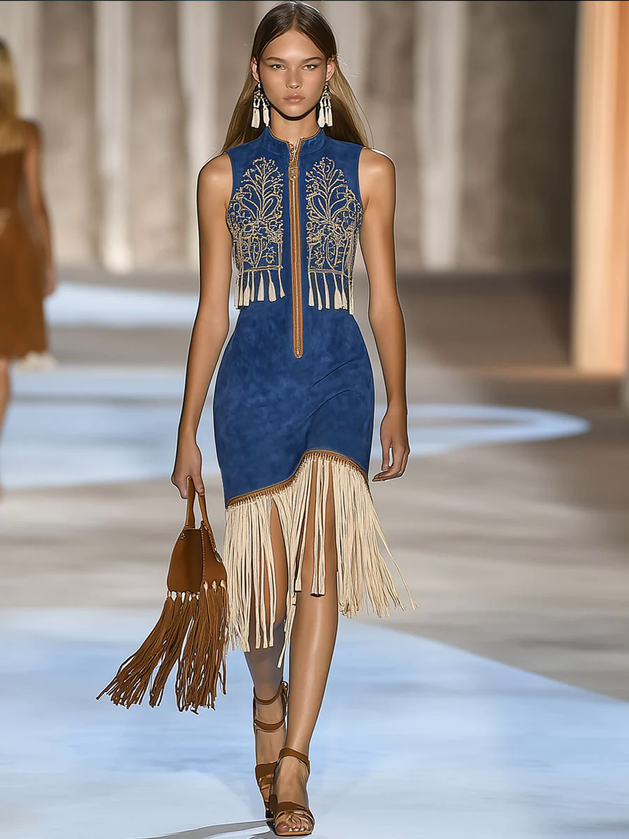 【24-hour shipping out】Vintage Bohemian Suede Embroidered Zipper Tassel Sleeveless Mini Dress