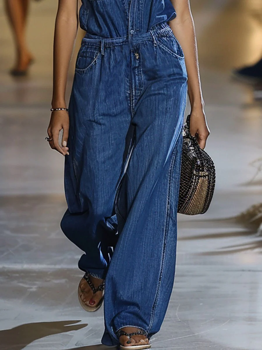 【24-hour shipping out】Casual Loose Elastic Waist Pocket Short Sleeve Shirt Denim Wide Leg Jumpsuit