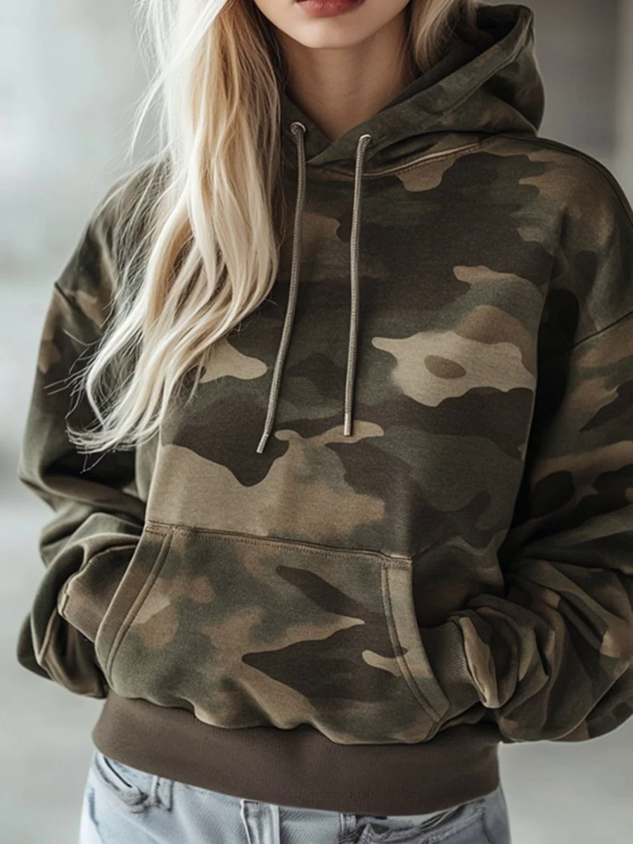 【24-hour shipping out】Vintage Casual Pocket Hooded Camouflage Sweatshirt