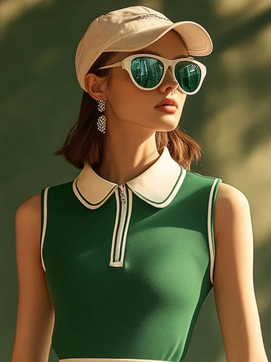 【24-hour shipping out】Casual Fashion Polo Neck White Trim Green Sleeveless Mini Dress