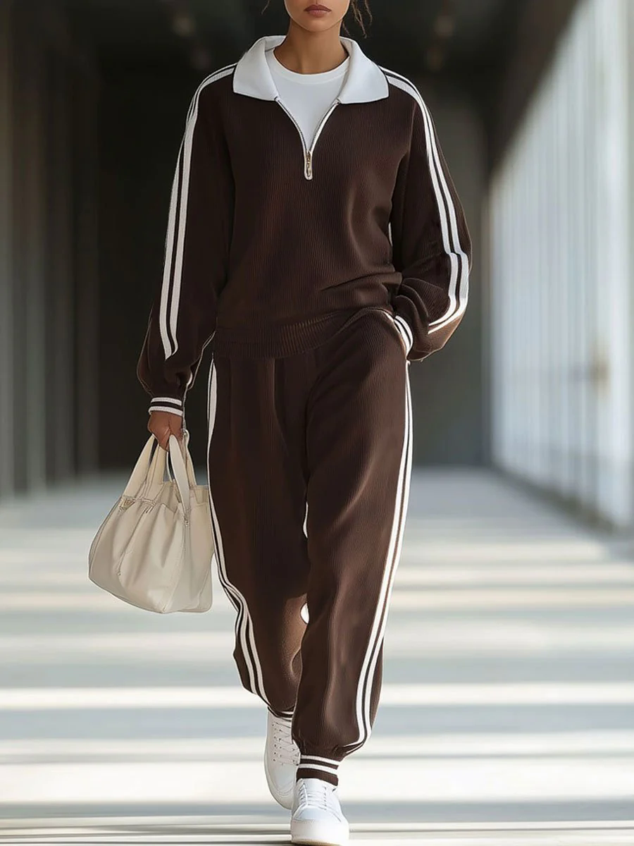 【24-hour shipping out】Casual Loose Retro Striped Polo Collar Zipper Sports Sweatshirt Set