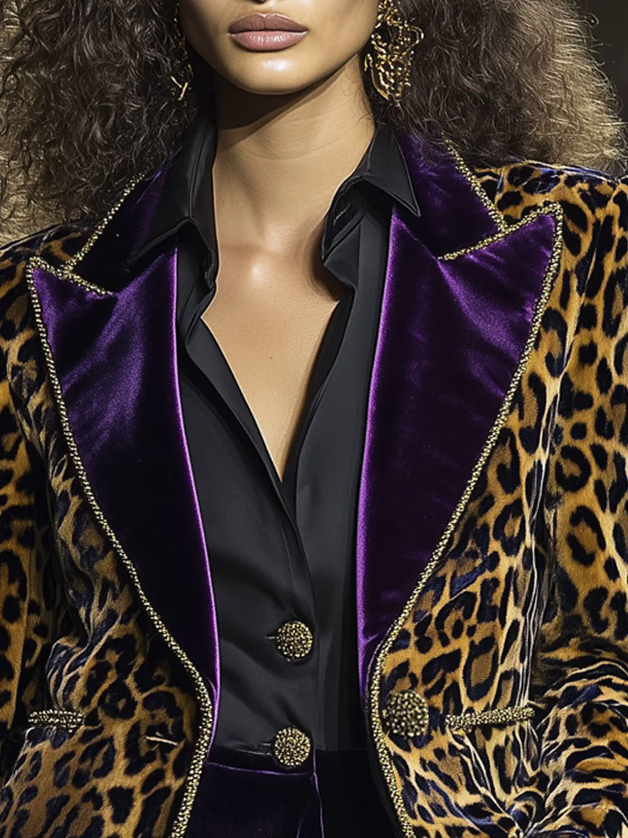 【24-hour shipping out】Casual Vintage Velvet Leopard Print Contrast Lapel Blazer