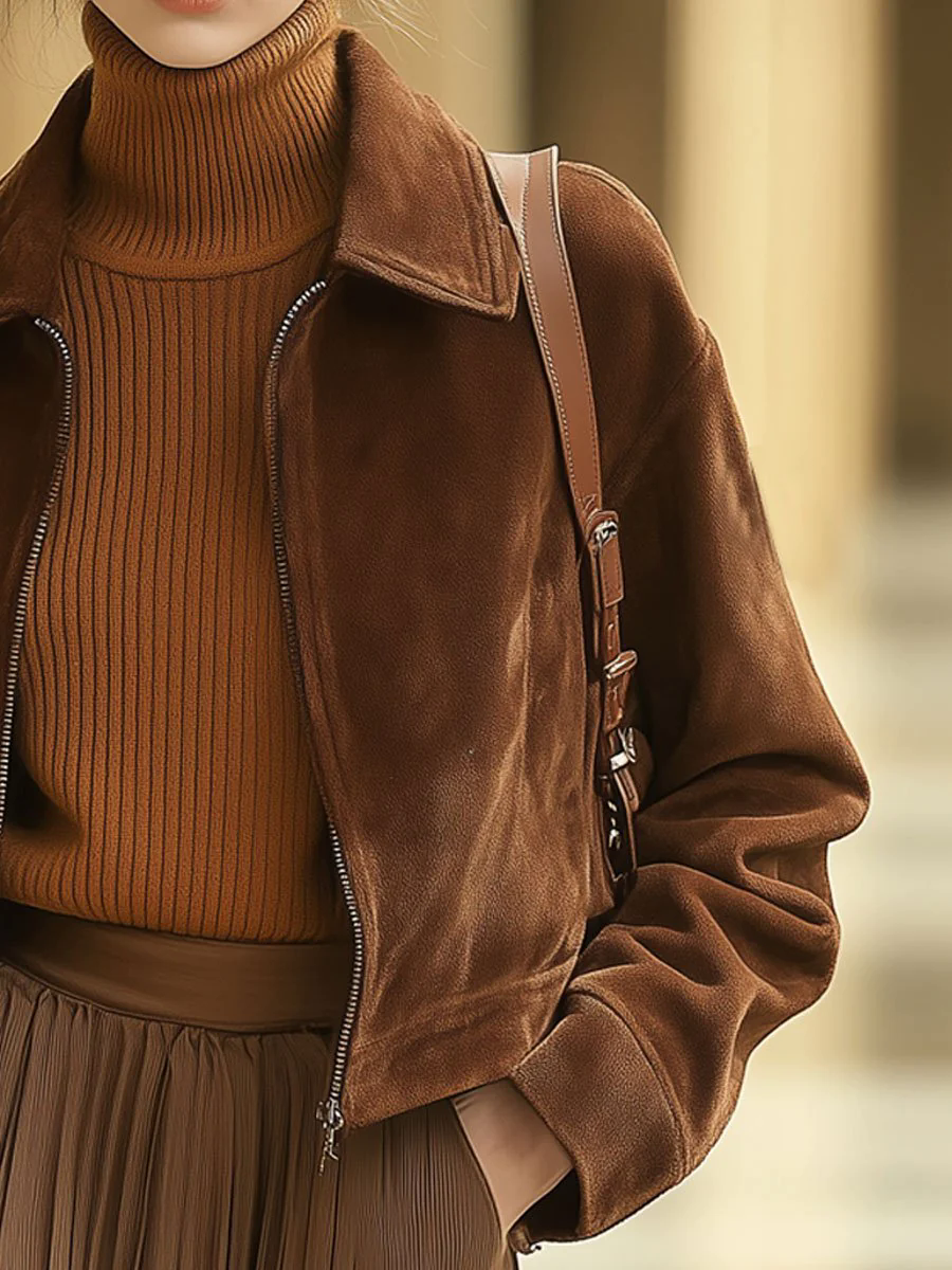 【24-hour shipping out】Casual Loose Solid Color Suede Zipper Pocket Short Jacket