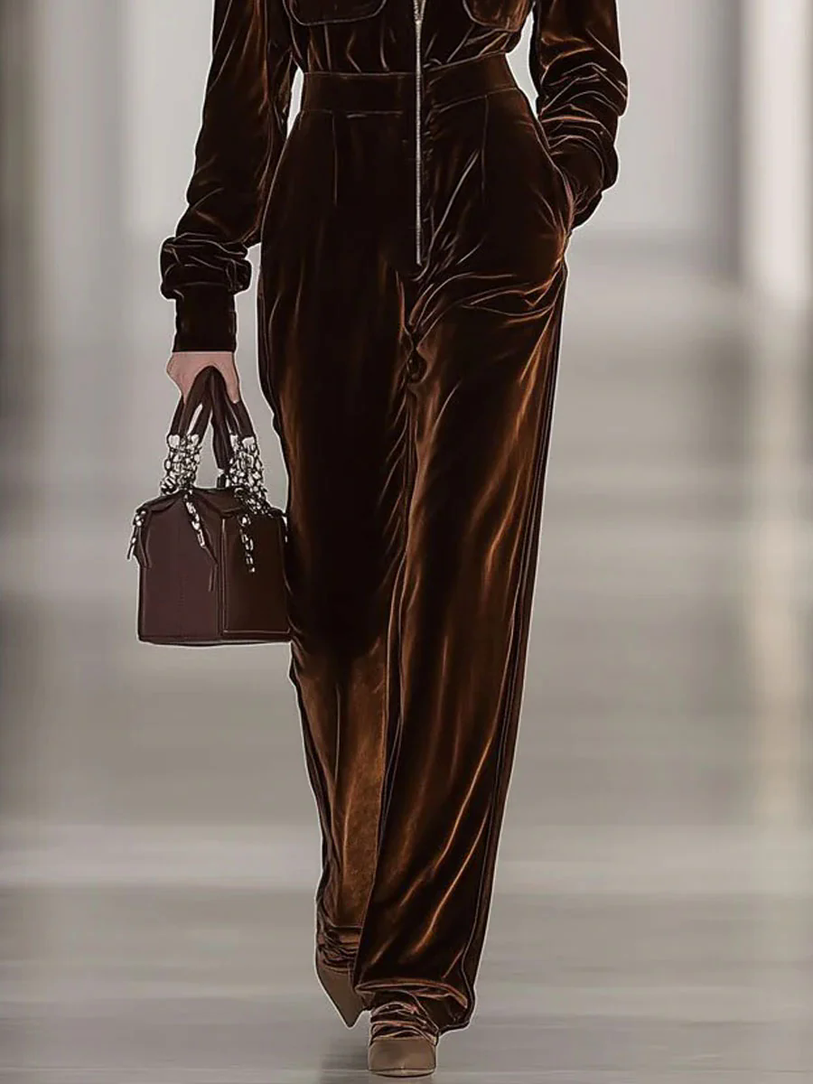 【24-hour shipping out】Casual Loose Vintage Velvet Multi-Pocket Zipper Long Sleeve Jumpsuit