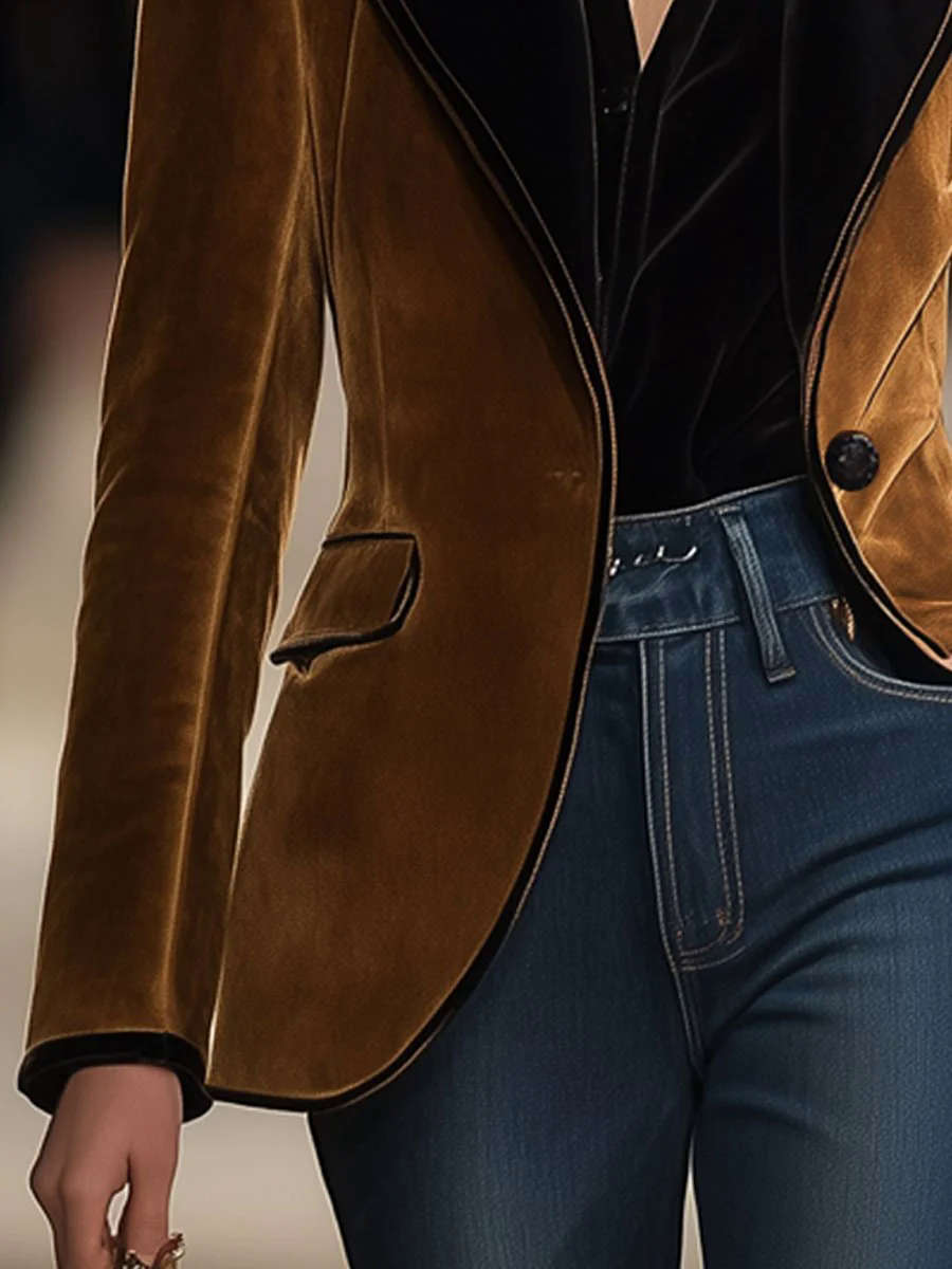 【24-hour shipping out】Casual Loose Vintage Suede Colorblock Lapel Pocket Blazer