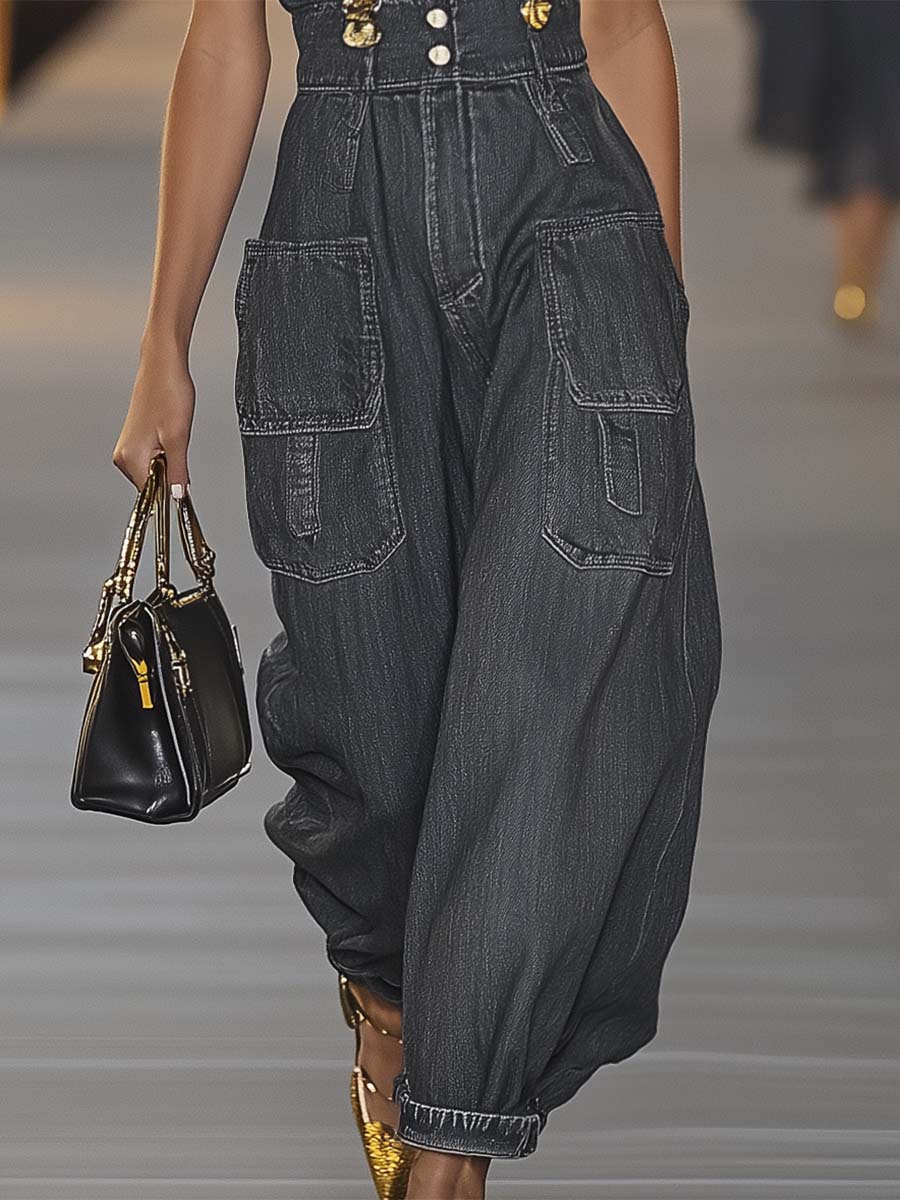 【24-hour shipping out】Fashion Personality Loose V-neck Suspender Denim Jumpsuit